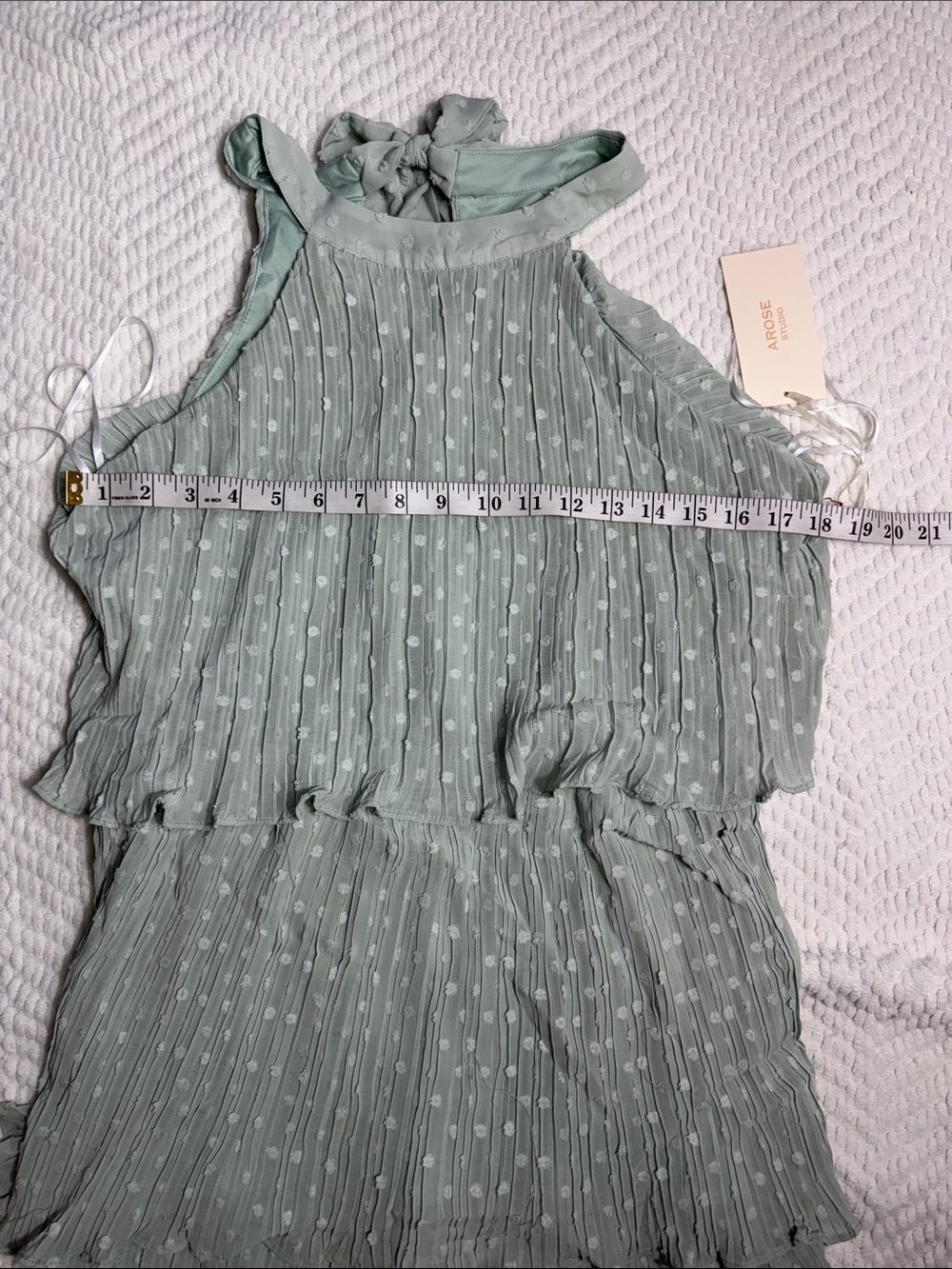 AROSE LAUREN HALTER NECK PLEATED SWISS DOT TIERED SAGE GREEN MIDI DRESS S/M NWT - Picture 10 of 11